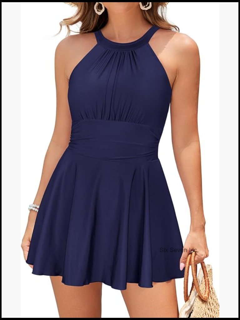 Elegant High Neck One Piece Swimdress With Ruched Waist And Swim Skirt